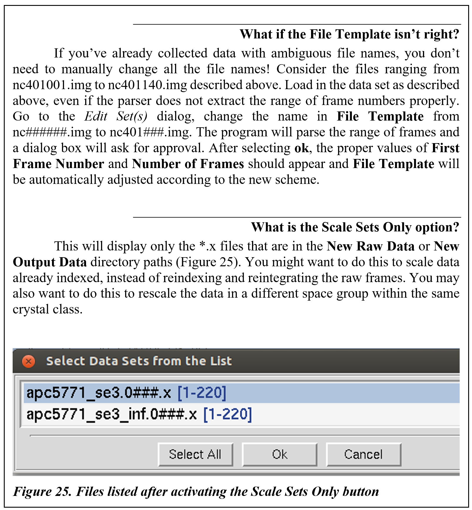 What if the File Template isn't right?
If you've already collected data with ambiguous file names, you don�t need to manually change all the file names! Consider the files ranging from nc401001.img to nc401140.img described above. Load in the data set as described above, even if the parser does not extract the range of frame numbers properly. Go to the Edit Set(s) dialog, change the name in File Template from nc######.img to nc401###.img. The program will parse the range of frames and a dialog box will ask for approval. After selecting ok, the proper values of First Frame Number and Number of Frames should appear and File Template will be automatically adjusted according to the new scheme. 

What is the Scale Sets Only option?
This will display only the *.x files that are in the New Raw Data or New Output Data directory paths (Figure 25). You might want to do this to scale data already indexed, instead of reindexing and reintegrating the raw frames. You may also want to do this to rescale the data in a different space group within the same crystal class. 

  
Figure 25. Files listed after activating the Scale Sets Only button



