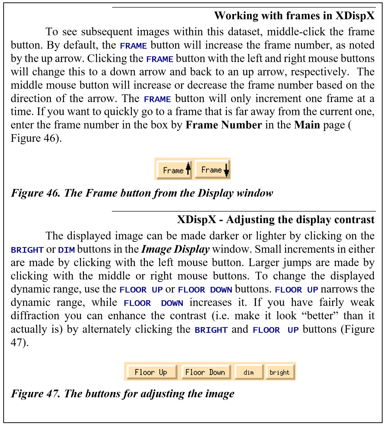Working with frames in XDispX 
To see subsequent images within this dataset, middle-click the frame button. By default, the FRAME button will increase the frame number, as noted by the up arrow. Clicking the FRAME button with the left and right mouse buttons will change this to a down arrow and back to an up arrow, respectively.  The middle mouse button will increase or decrease the frame number based on the direction of the arrow. The FRAME button will only increment one frame at a time. If you want to quickly go to a frame that is far away from the current one, enter the frame number in the box by Frame Number in the Main page (
Figure 46).

  
Figure 46. The Frame button from the Display window
XDispX - Adjusting the display contrast
The displayed image can be made darker or lighter by clicking on the BRIGHT or DIM buttons in the Image Display window. Small increments in either are made by clicking with the left mouse button. Larger jumps are made by clicking with the middle or right mouse buttons. To change the displayed dynamic range, use the FLOOR UP or FLOOR DOWN buttons. FLOOR UP narrows the dynamic range, while FLOOR DOWN increases it. If you have fairly weak diffraction you can enhance the contrast (i.e. make it look 